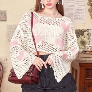 White Boho Womens Heart Pattern Drop Shoulder Open Knit Sweater